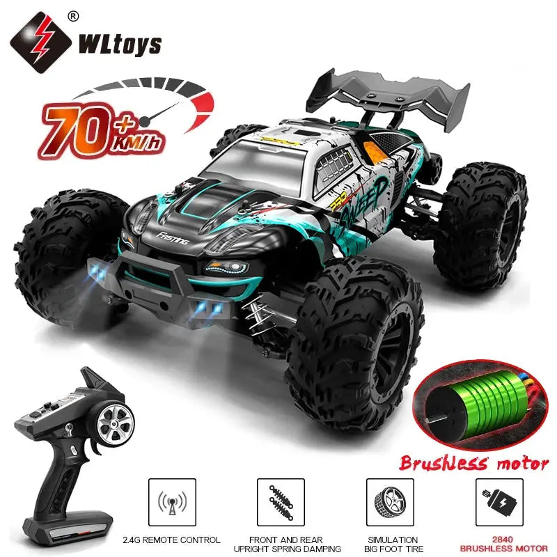 One Sixteenth Scale 4WD RC Monster Truck With LED Lights High Speed Drift 70KMH Or 50KMH Remote Control