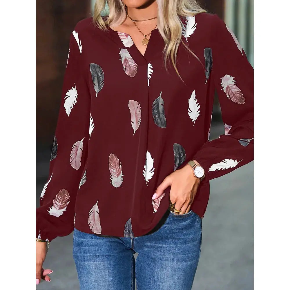 Women's burgundy chiffon blouse with feather pattern, long sleeves