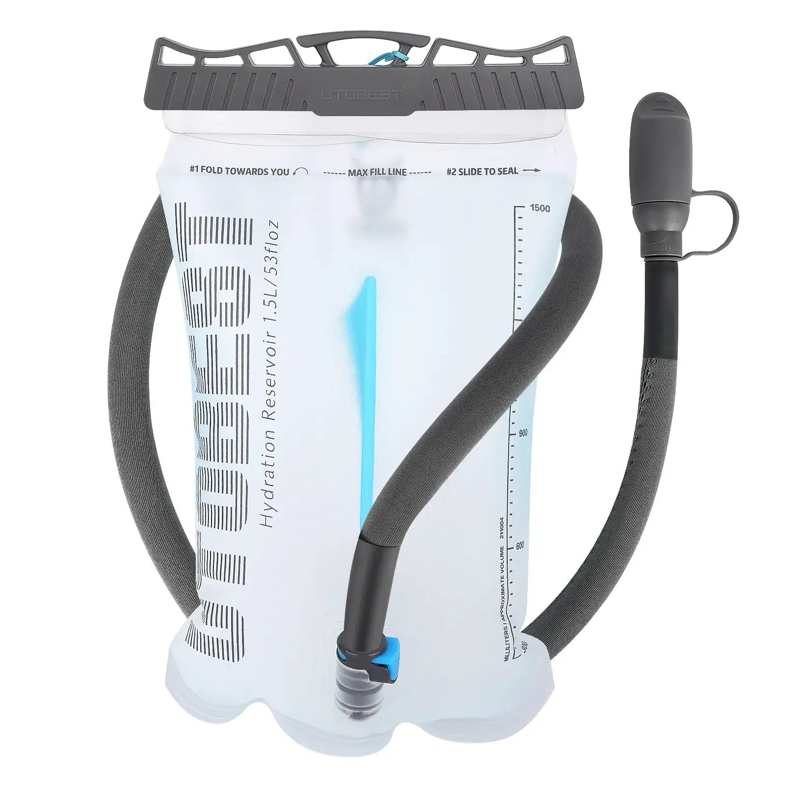 UTOBEST TPU hydration bladder reservoir with gray lid and black hose; 1.5L/2L/3L capacity