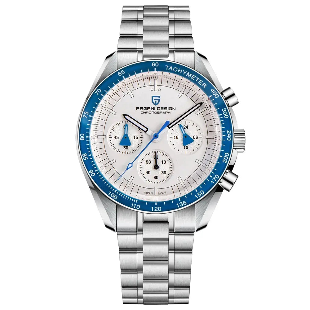 Pagani Design 1701 V5 men's stainless steel chronograph watch with white dial, blue tachymeter bezel & three subdials