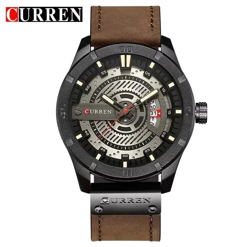 Curren men's luxury skeleton watch with black metal case, brown leather strap, visible gears, and date window