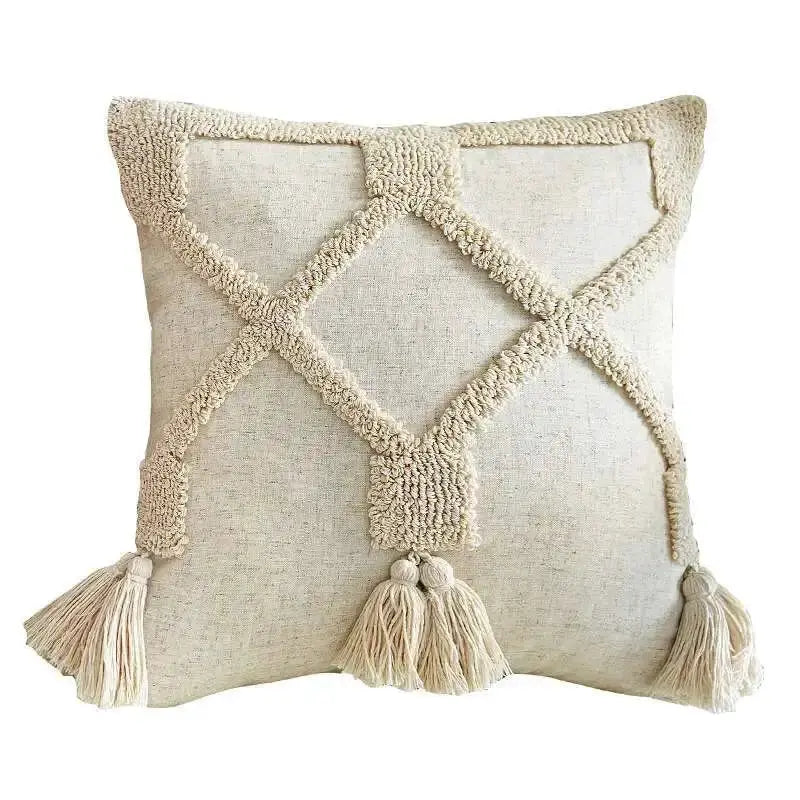 Boho linen cushion cover in beige with tassel fringe and lattice braid, 45x45cm/30x50cm