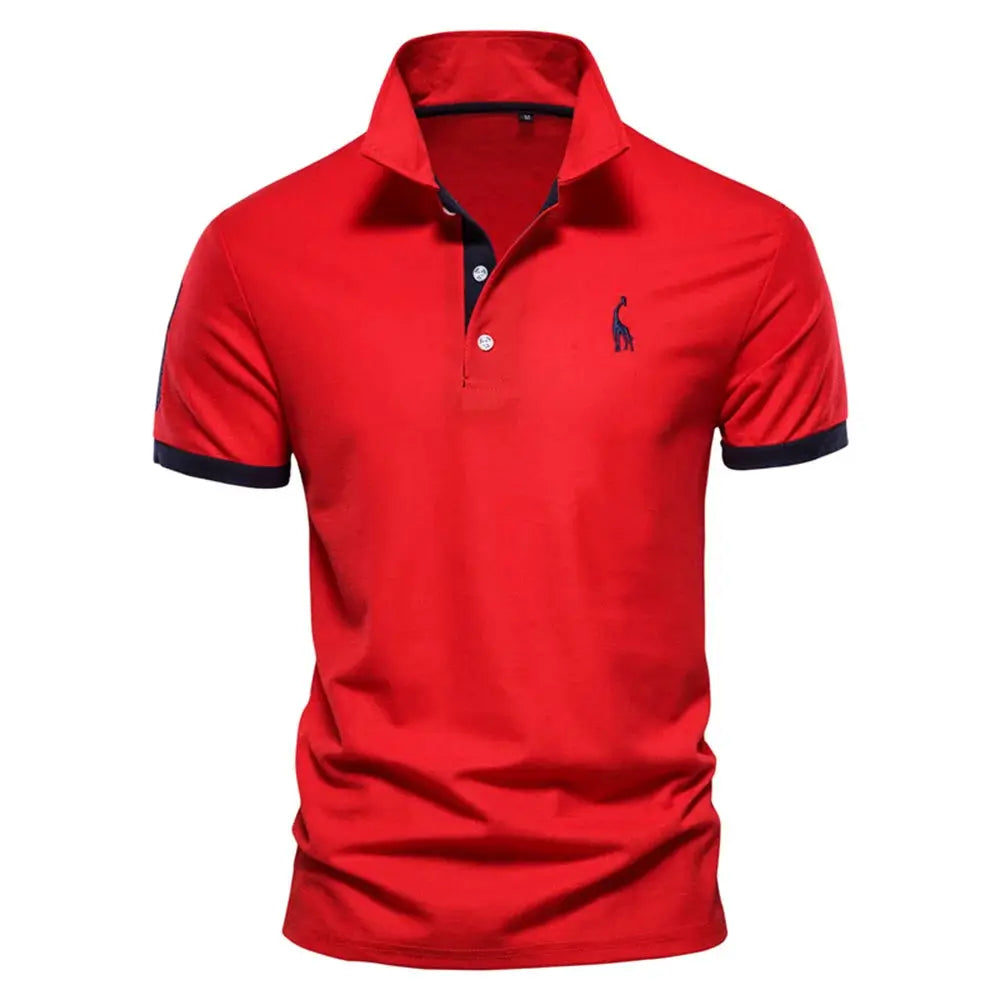 Men's red polo shirt with navy collar trim and cuffs, short sleeves, blue giraffe embroidery by Simples Market