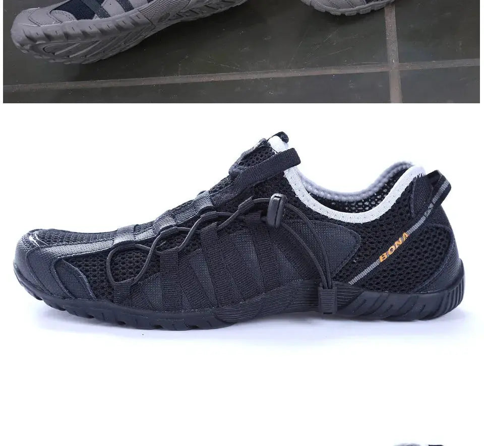 BONA men's black running shoe with breathable mesh, lace-up design, orange logo on side.