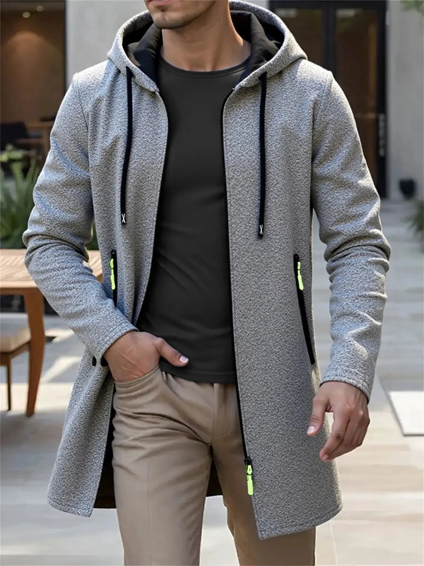 Simples Market men's gray knit hooded long cardigan with black lining and neon zipper pulls