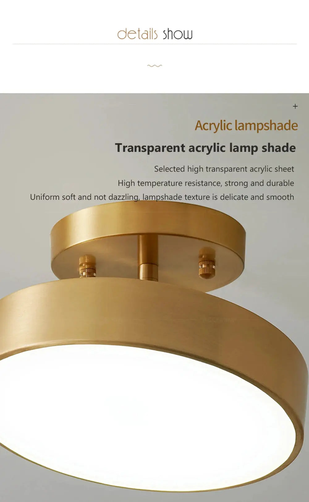 Modern LED ceiling light with copper gold finish; round metal fixture with white acrylic diffuser