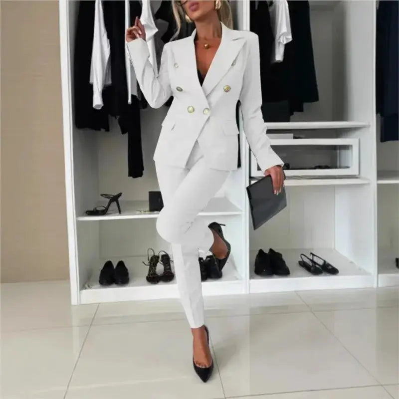 Simples Market white double-breasted blazer and trousers 2-piece office suit with gold buttons