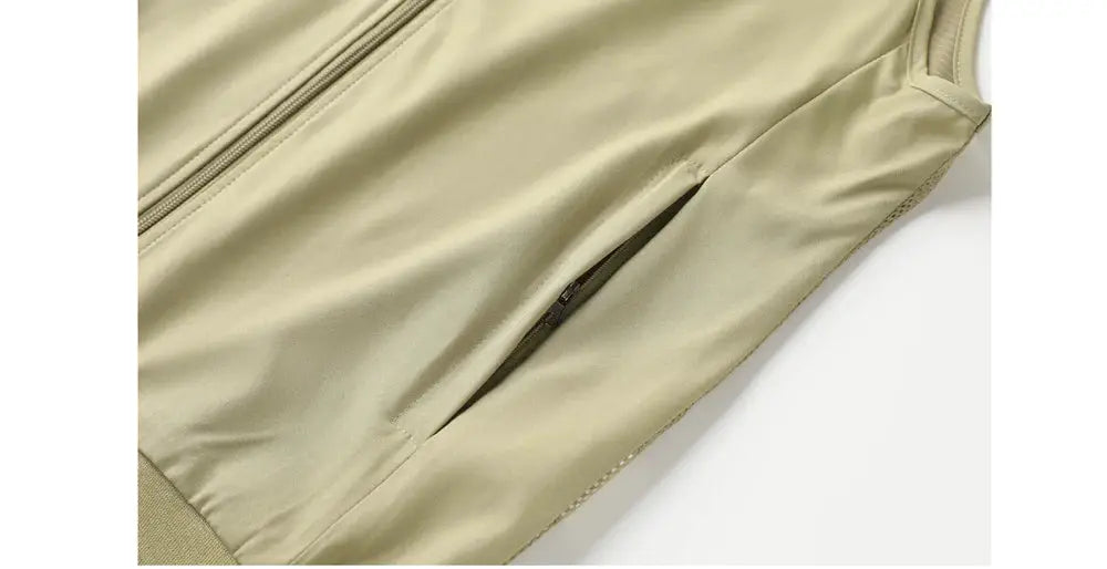 Summer men's mesh breathable vest in khaki with zip pocket for quick-dry outdoor hiking.