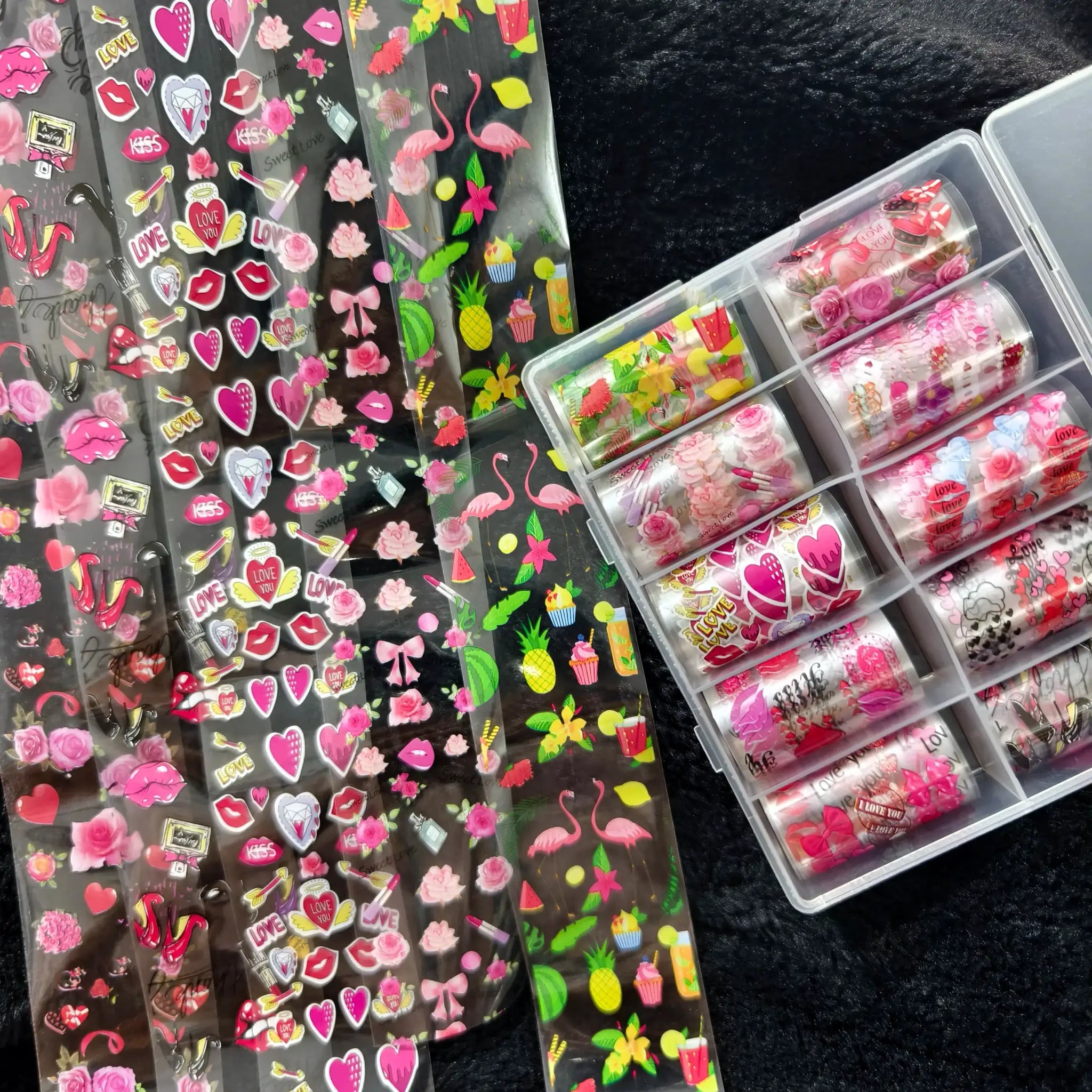 Nail art stickers sheets set by Simples Market with pink hearts, roses, lips and flamingos for nails