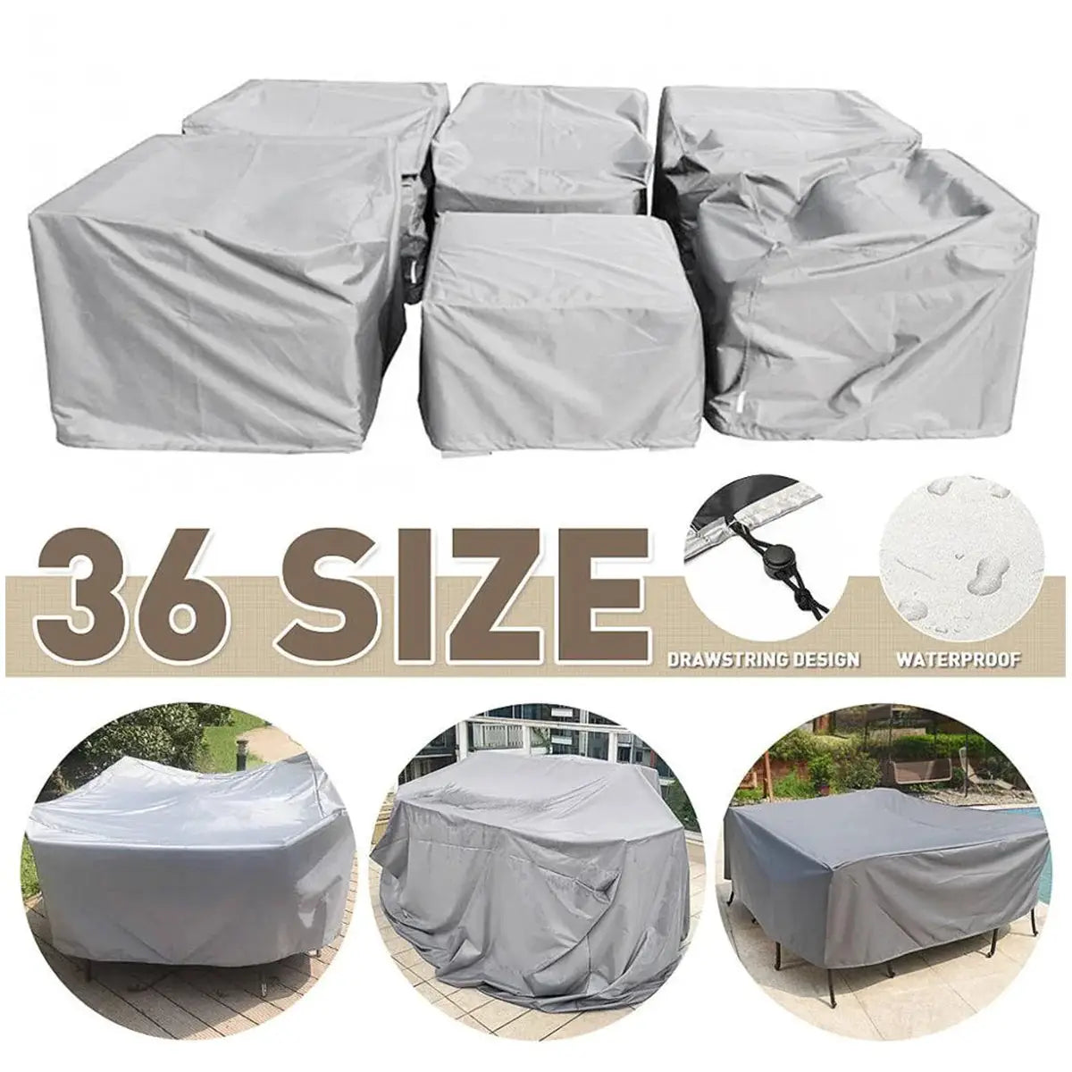 Simples Market terrace patio furniture cover set, 210D waterproof gray covers for outdoor sofa sets.