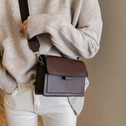 Classic Designer PU Leather Crossbody Bag for Women in two-tone brown with front flap and adjustable strap