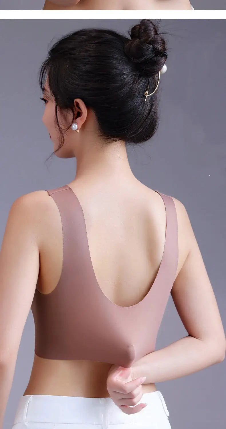 Women's seamless padded bra in dusty pink ice-silk fabric with smooth back for comfort.