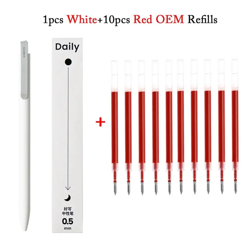 KACO white gel pen with metal clip and 10 red OEM refills, 0.5mm black ink