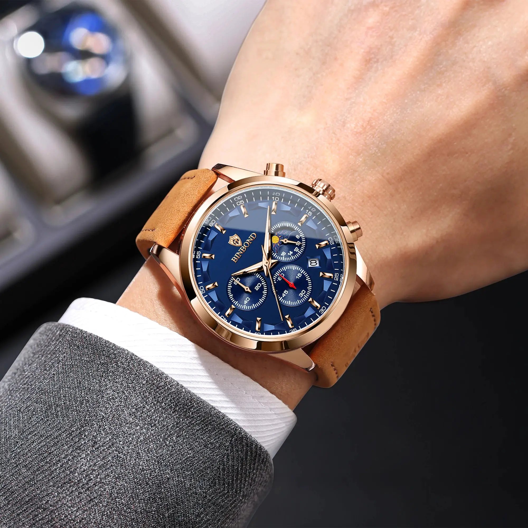 BINBOND men's luxury quartz chronograph wristwatch with blue dial, rose-gold case and brown leather strap
