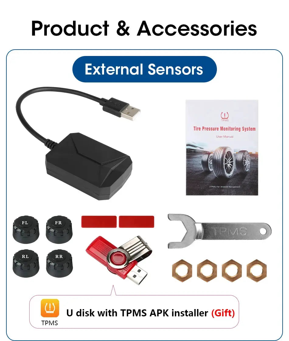 TPMS tire pressure monitoring kit with external sensors; includes four wheel sensors, USB drive, wrench, nuts, and user manual.