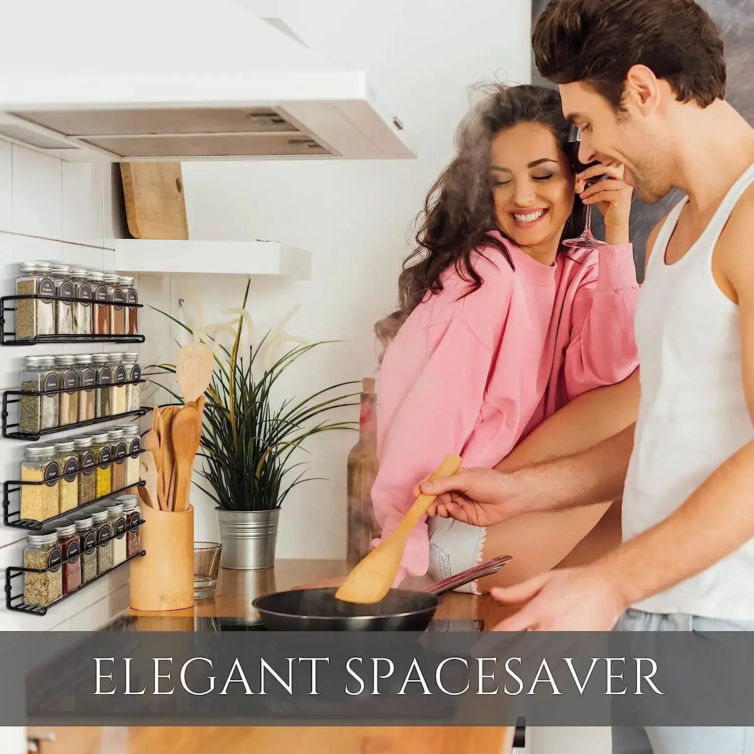 Iron wall-mounted spice storage rack with glass jars, kitchen organiser by Simples Market