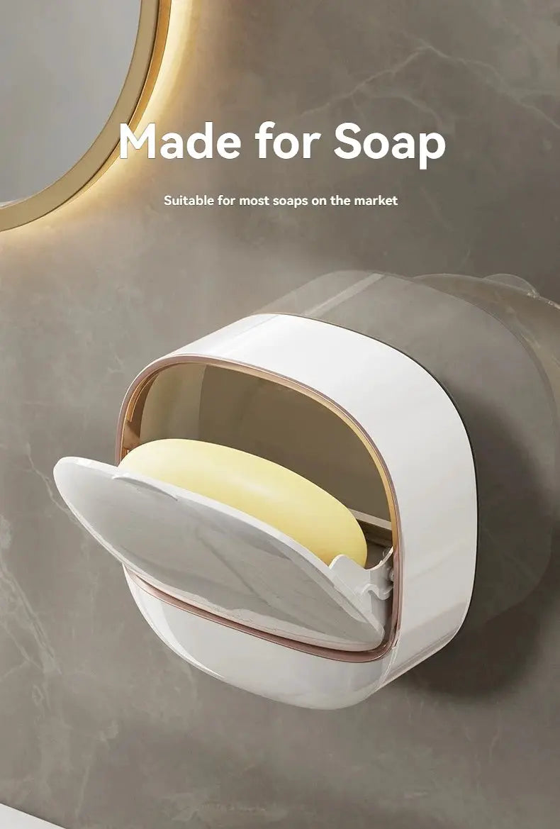 Waterproof hanging soap box for shower with drainage, white case with rose-gold trim, soap inside.