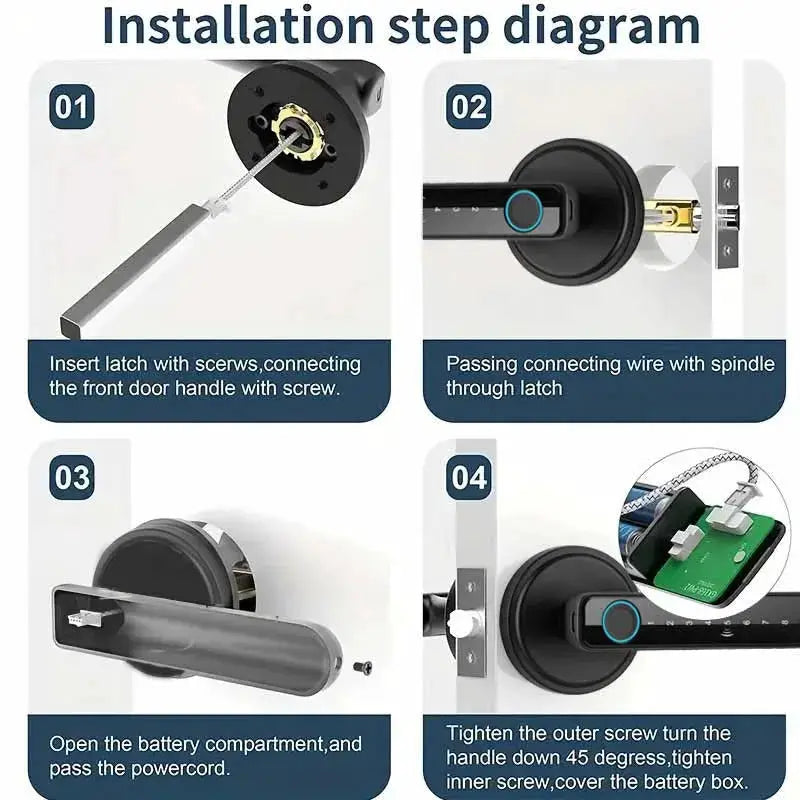 Tuya handle smart door lock with fingerprint and keypad; black handle with blue ring, 4-step installation diagram by Simples Market