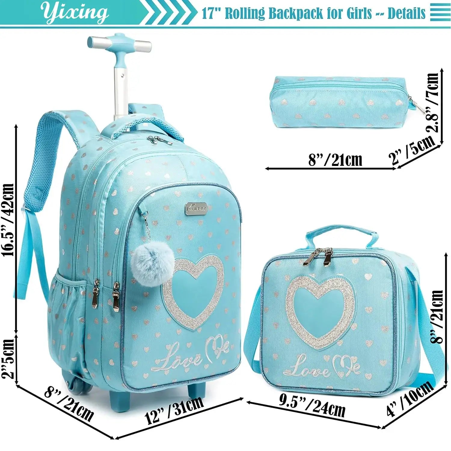 Children's wheeled backpack set by Simples Market for girls; sky blue with silver heart accents and lunch box