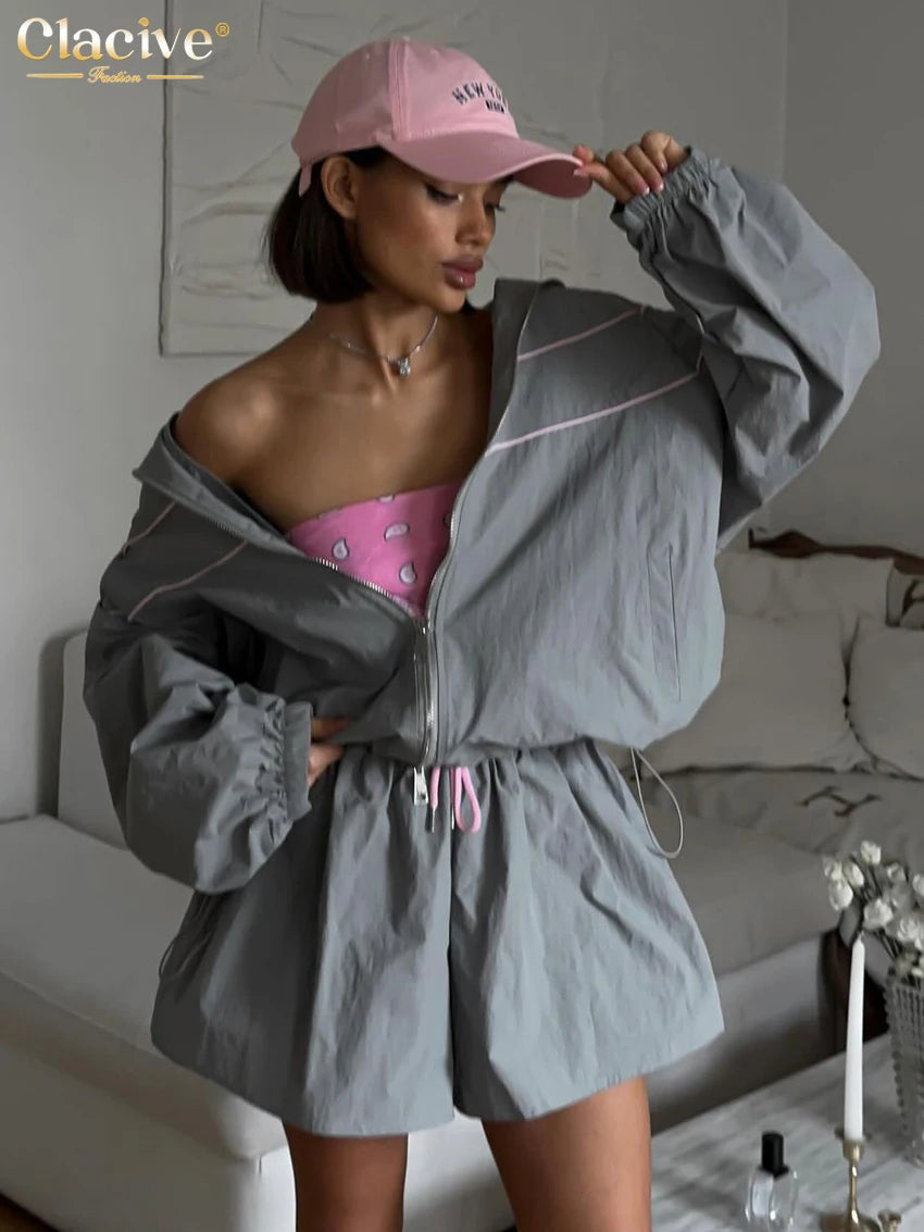 Clacive Gray 2 Piece Set Women Longsleeve Shirt High Waist Shorts 2024