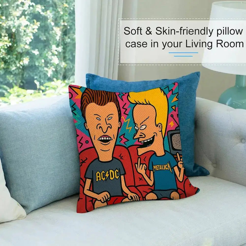 Pillow case featuring Beavis and Butt-Head cartoon print; square plush cushion for living room decor, double-sided.