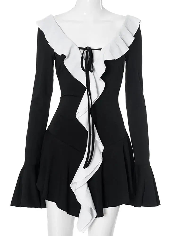 Tossy Ruffled Lace Up White Mini Dress V Neck Patchwork Slim Fit Summer Elegance