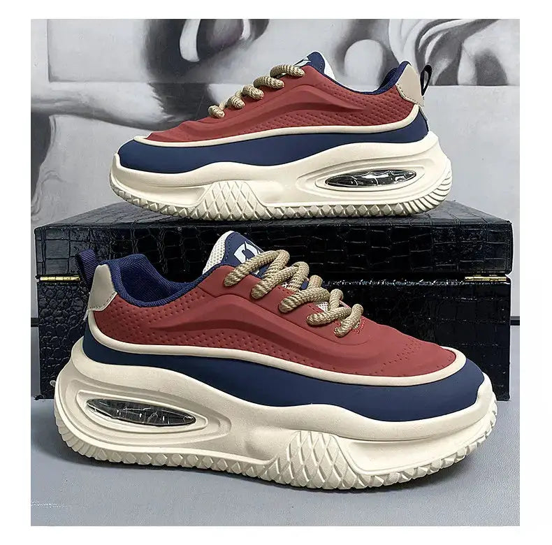 Men's casual skate-style shoes with thick sole, red upper and navy panels, beige laces, 2 shoes shown