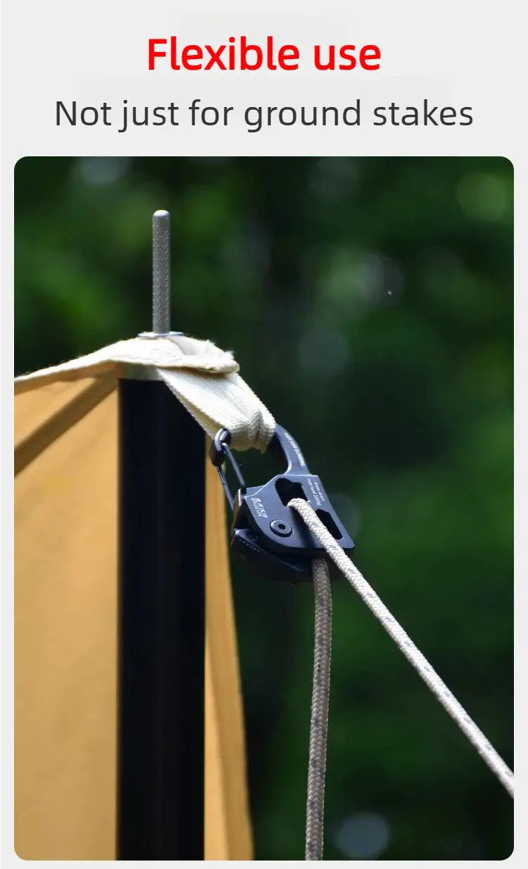 Tent rope tensioner by Simples Market, aluminum alloy self-lock rope adjuster for 2–10 mm rope, black tarp tightener.