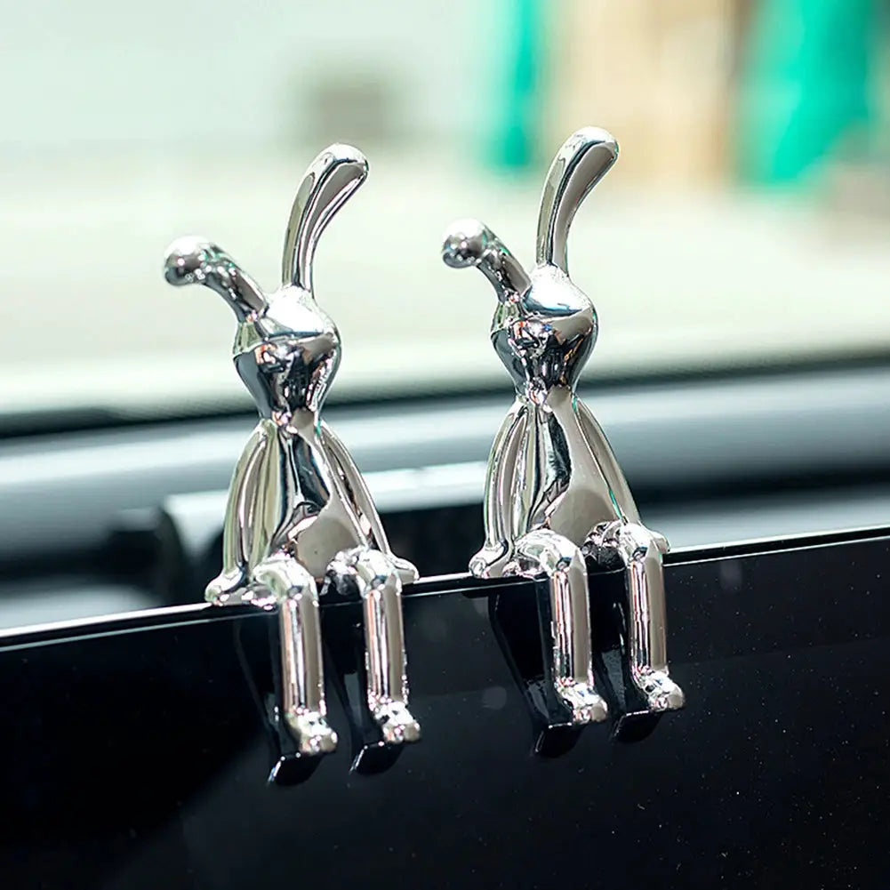 Cartoon rabbit car interior decor set, chrome metal bunny figurines for center console (2)