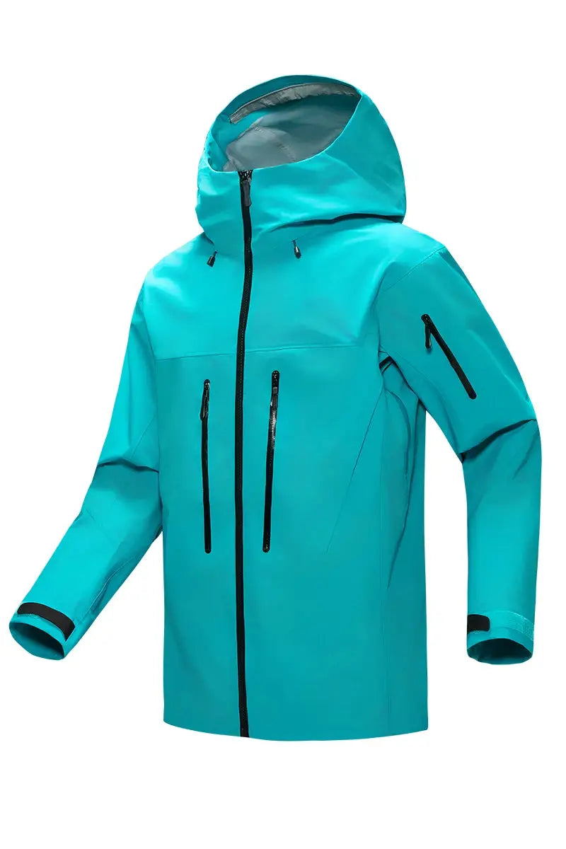 Men's turquoise windproof hooded storm jacket with front and sleeve zip pockets