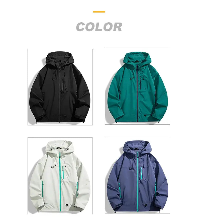 Simples Market JNLN unisex waterproof windbreaker jacket in black, teal, white and navy — four colorways