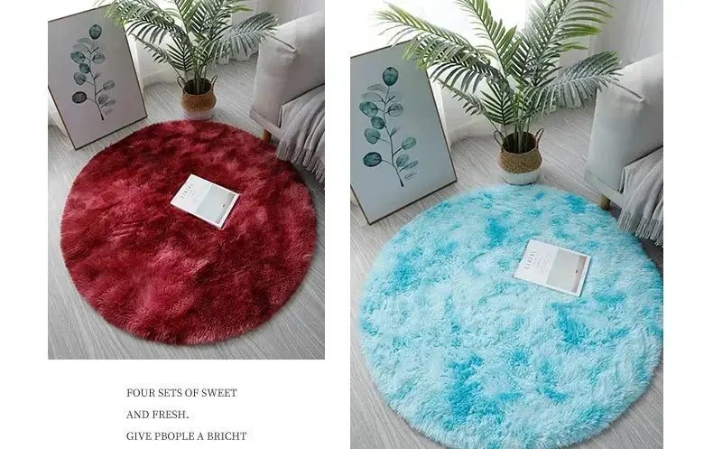 Simples Market round plush rug mats, fluffy thick pile, red and blue, 2-piece set for living room or kid room decor