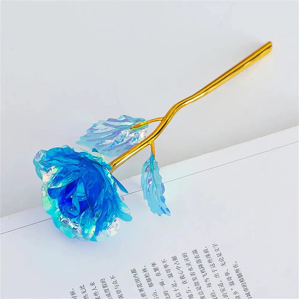 Foil rose on gold stem with blue iridescent petals, 18cm decorative gift flower