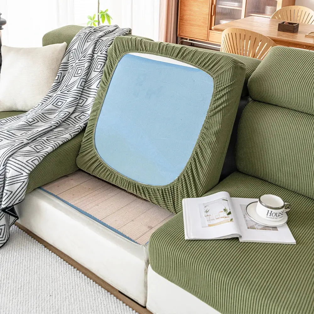 Sofa seat cushion covers; green thick jacquard with textured ridges, removable