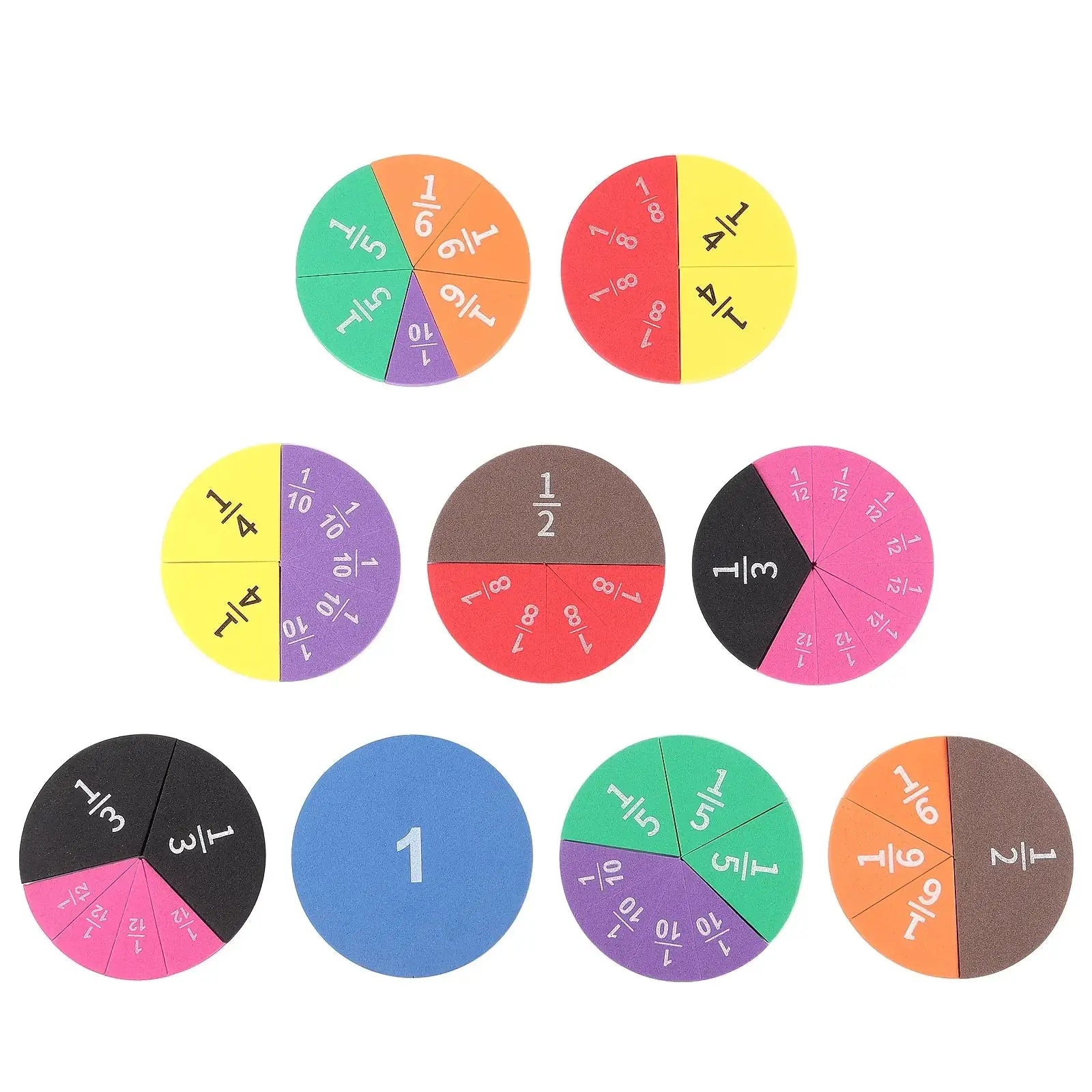 Interactive fraction math manipulatives, 9-pc EVA discs by Simples Market with colorful fraction wedges for math practice