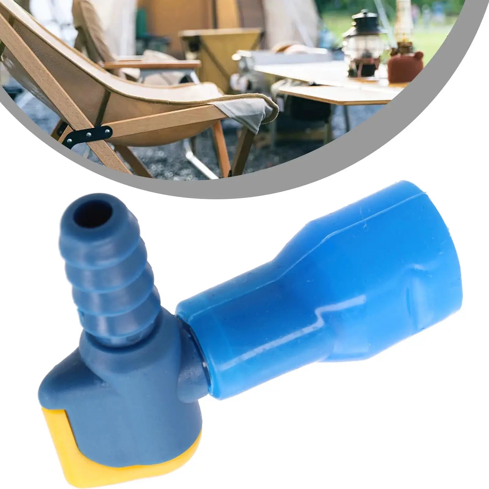 Blue replacement hydration bite valve with yellow base and flexible hose