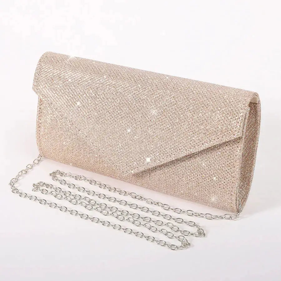 Women glitter envelope evening bag in silver with chain shoulder strap