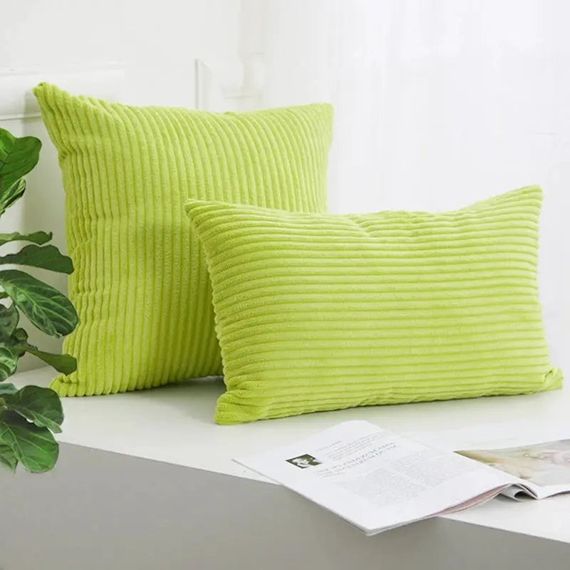 Two lime green corduroy striped cushion covers for living room sofa decor