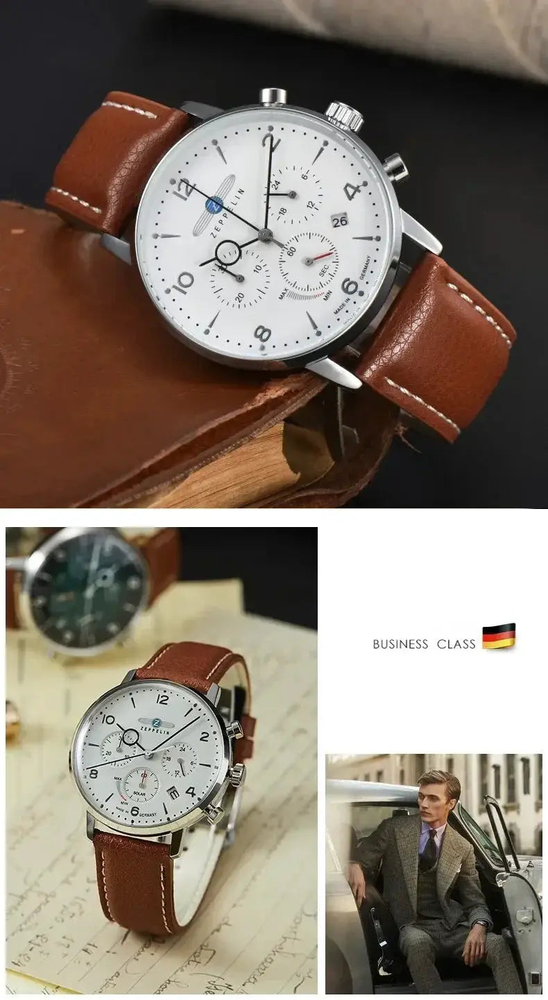 Zeppelin 8086-4 automatic date chronograph watch with white dial and brown leather strap