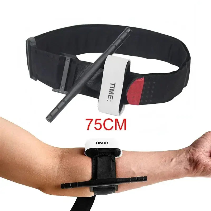 Black tactical combat tourniquet with white TIME label on the strap, shown wrapped around a forearm, 75cm length