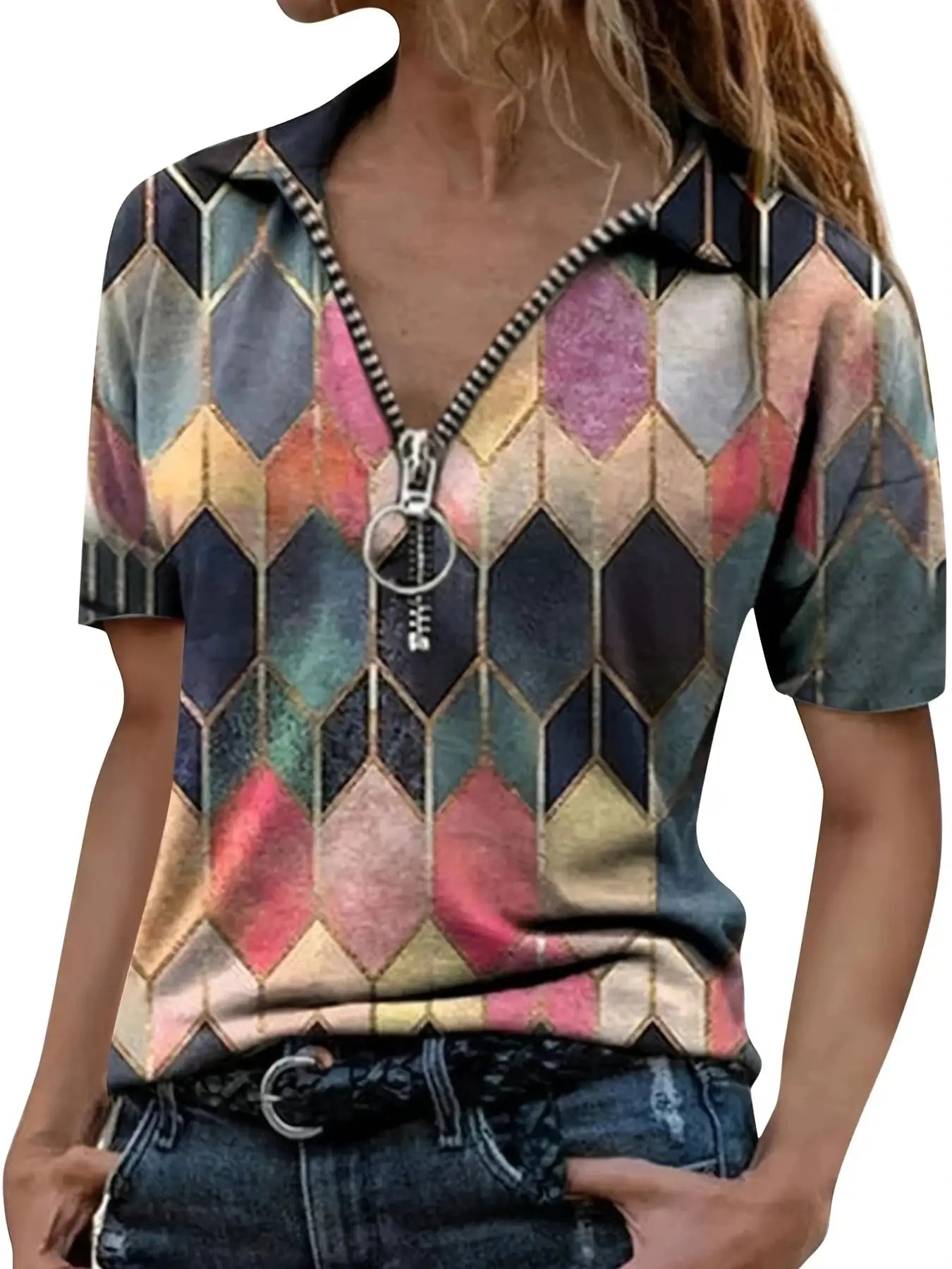 Versatile All Season Women's Polo Shirt With Zip And Geometric Pattern