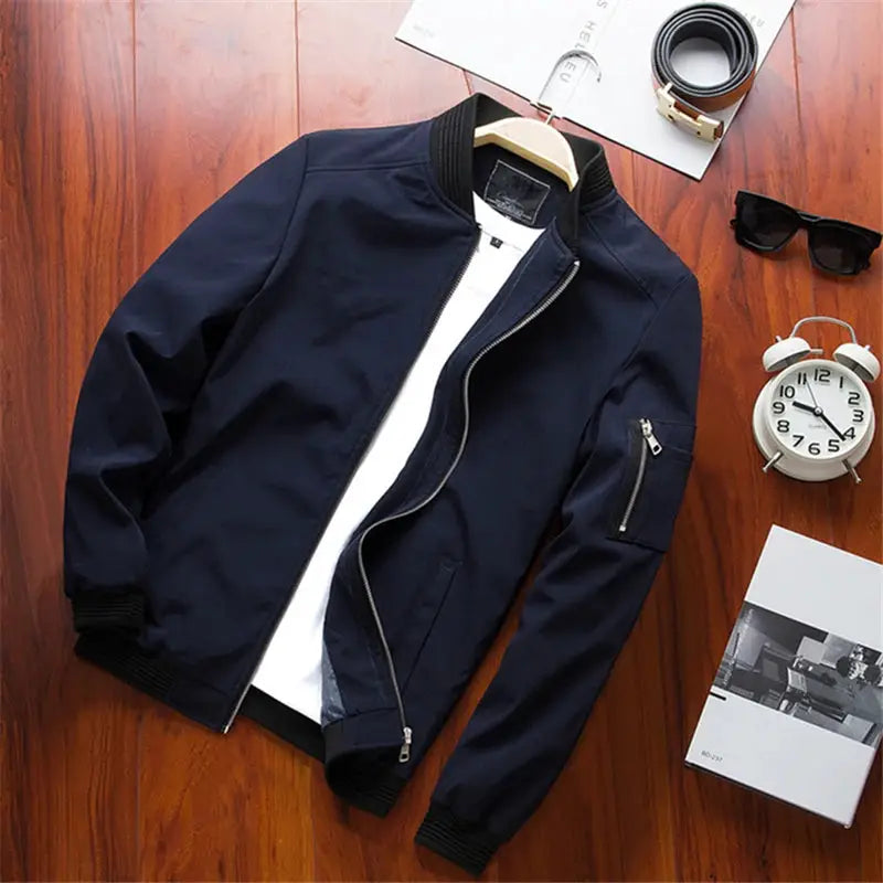 Men's bomber jacket by Simples Market, navy thin windbreaker with zip front and ribbed cuffs