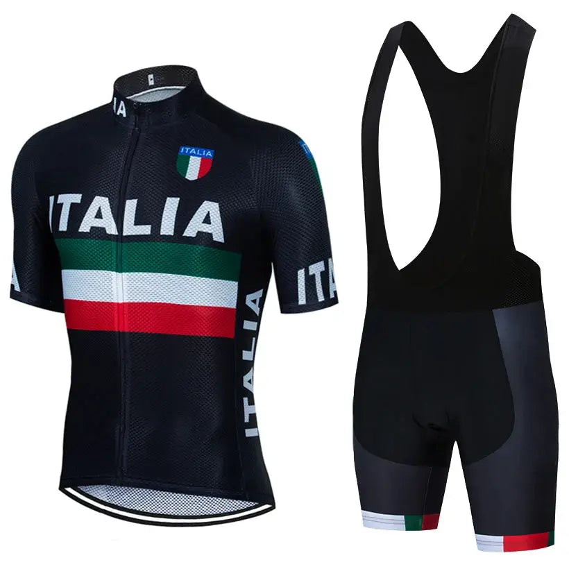 Men's cycling jersey and bib shorts set, black with Italian flag stripe and ITALIA branding