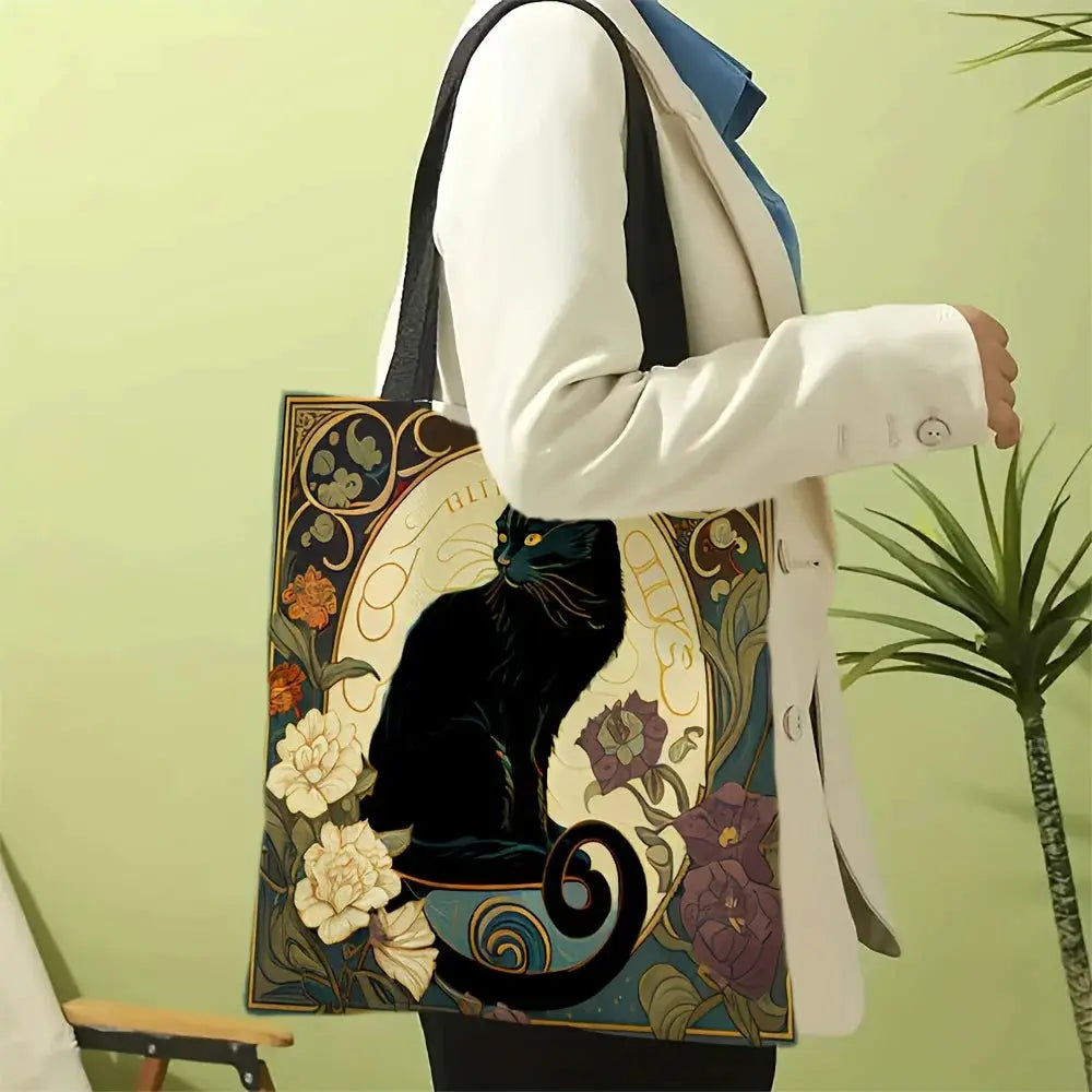 Retro Art Noble Black Cat Linen Tote Bag Lightweight Shoulder Tote For Daily Use