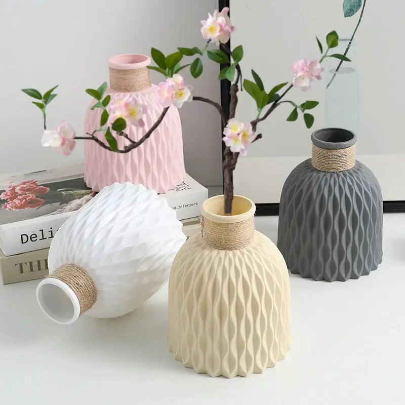 Pineapple Pattern Twine Imitation Ceramic Plastic Vase For Flower Arrangements With Water Wave Texture For Home Decor