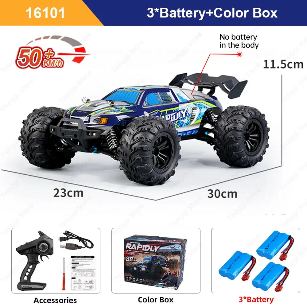 Teeggi 16101/16102 PRO 1:16 RC Monster Truck with LED lights, blue graphics, 4WD