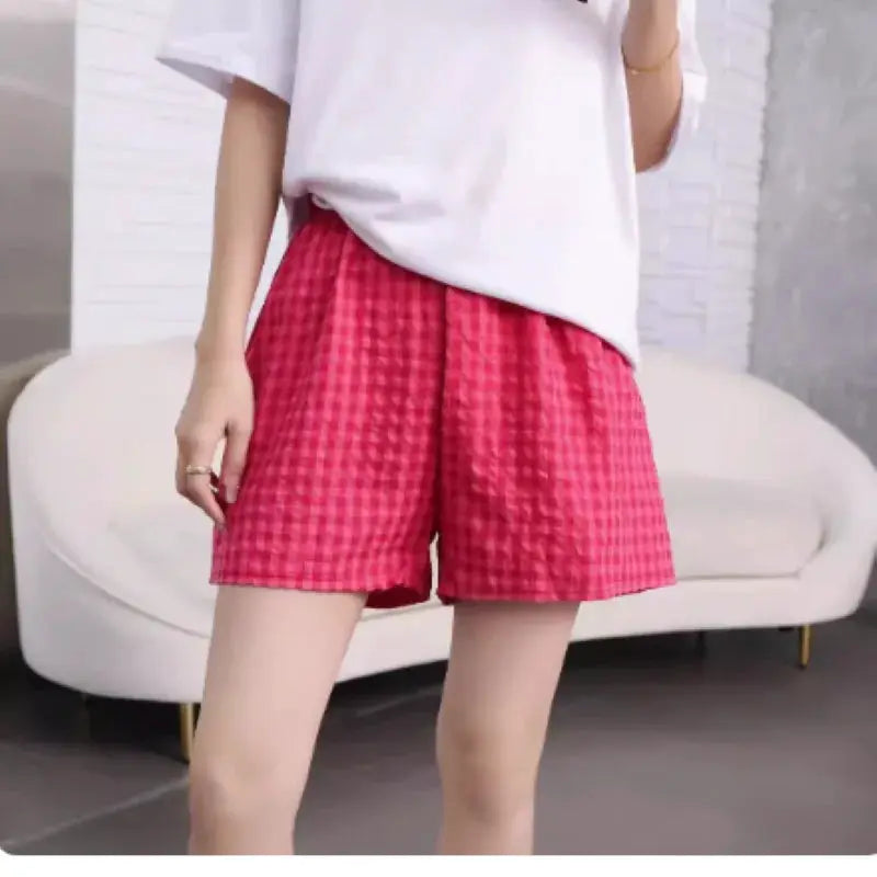 Summer Home Shorts for women, pink plaid, high-waisted loose casual pajama shorts by Simples Market
