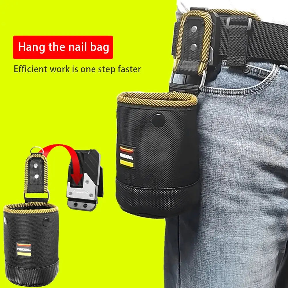 Simples Market rotatable nail tool bag, black 1680D nylon with yellow rope trim, worn on belt; two tool pouches shown