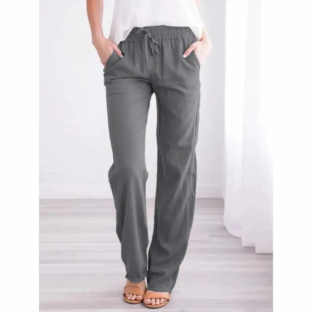 LumaWear Cotton Linen Drawstring Pants For Women Breathable Elastic Waist Casual Trousers With Loose Straight Leg