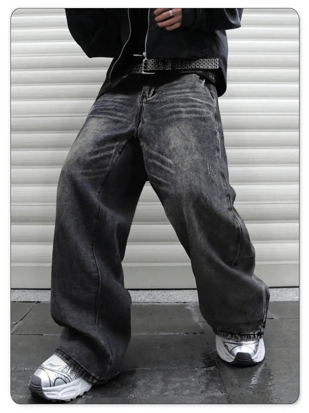 Unisex retro gray denim jeans with an oversized wide-leg, baggy fit.